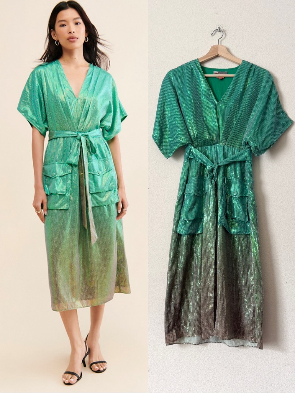 Anthopologie Bhanuni by Jyoti SMALL green ombre sequin midi dress